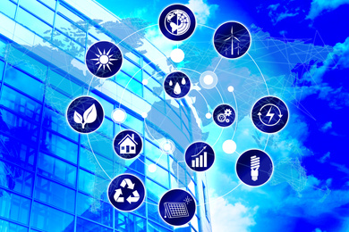 Energy efficiency concept. Scheme with icons, world map and building on background, toned in blue