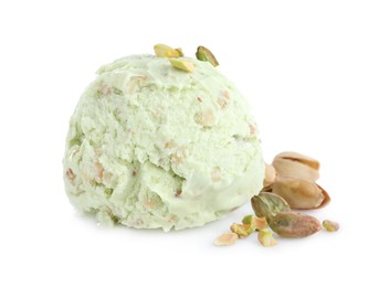 Scoop of delicious ice cream with pistachio nuts on white background