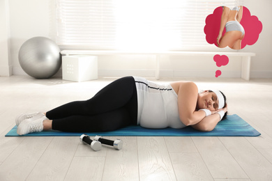 Overweight woman sleeping at gym and dreaming of slim body