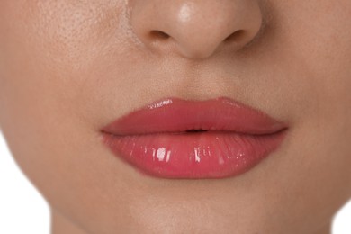 Photo of Beautiful woman with perfect lips, closeup. Permanent makeup