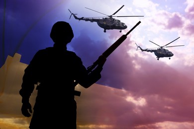 Stop war in Ukraine. Military helicopters and silhouette of soldier outdoors. Double exposure of Ukrainian flag and sky