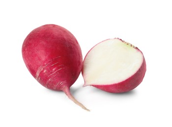 Cut and whole fresh ripe turnips on white background