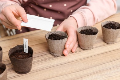 Photo of Woman planting vegetable seeds into peat pots with soil at wooden table, closeup