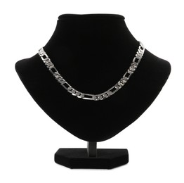Stylish silver necklace on jewelry bust against white background
