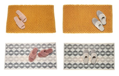 Set with soft bath mats and slippers on white background, top view 