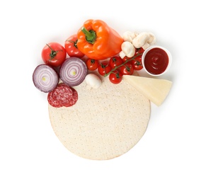Composition with pizza crust and fresh ingredients isolated on white, top view