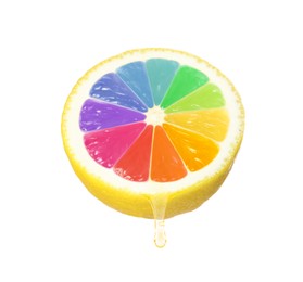 Half of fresh lemon with rainbow segments on white background. Brighten your life