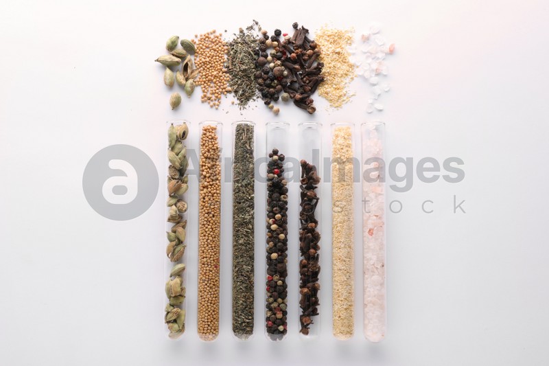 Glass tubes with different spices on white background, flat lay