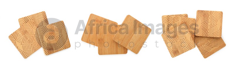 Set with stylish wooden cup coasters on white background, top view. Banner design
