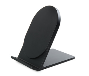 Black wireless charger isolated on white. Modern technology