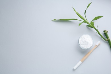 Tooth powder, brush and bamboo stem on white background, flat lay. Space for text