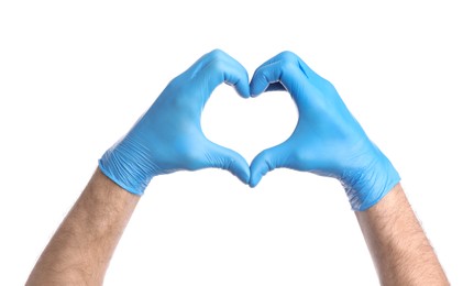 Doctor in medical gloves making heart with hands on white background, closeup