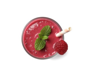 Photo of Glass of tasty raspberry smoothie isolated on white, top view