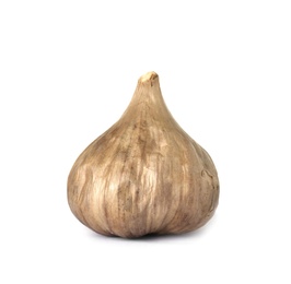 Unpeeled bulb of black garlic on white background