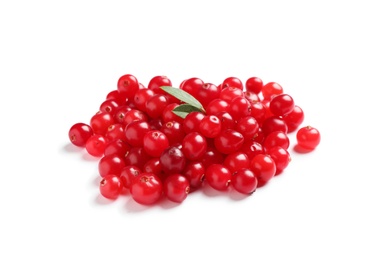 Pile of fresh ripe cranberries on white background