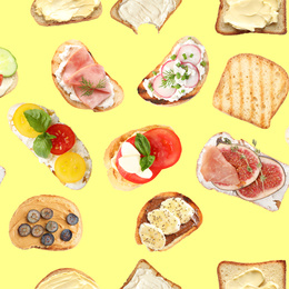 Set of delicious toasted bread with different toppings on yellow background, top view
