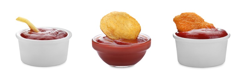 Image of Set with bowls of ketchup and snacks on white background