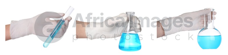 Collage with photos of scientists holding different laboratory glassware with light blue samples on white background, closeup. Banner design