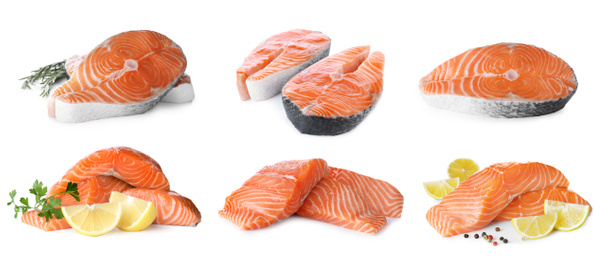  Set of fresh raw salmon on white background. Fish delicacy