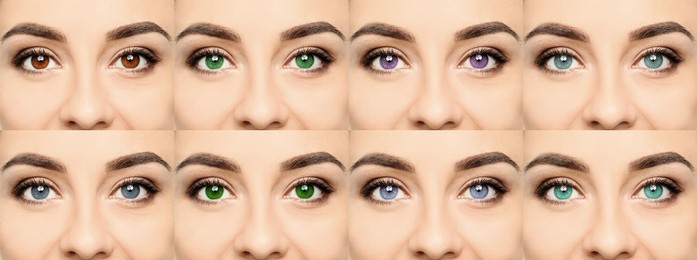 Image of Collage with photos of woman wearing different color contact lenses, closeup. Banner design