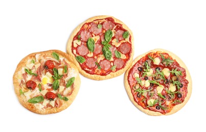 Photo of Delicious pita pizzas on white background, top view
