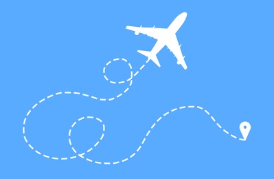 Flight direction illustration. Plane silhouette and pin connected by dashed line on blue background