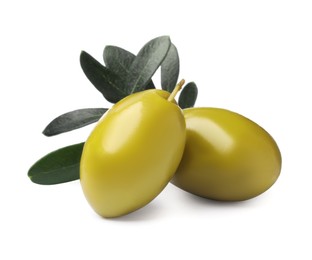 Olives with green leaves on white background
