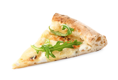 Photo of Slice of tasty cheese pizza with arugula isolated on white