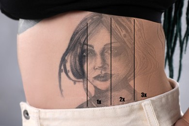 Image of Woman before and after laser tattoo removal procedures on grey background, closeup