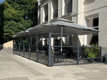 WARSAW, POLAND - JULY 17, 2022: Beautiful view of modern cafe with outdoor terrace