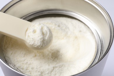 Scoop of powdered infant formula over can, closeup. Baby milk