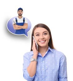 Young woman calling professional repairman on white background