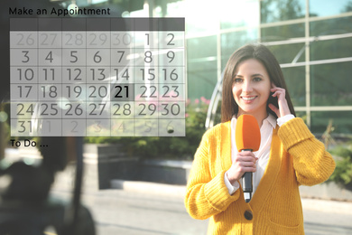 Double exposure of calendar and young journalist working outdoors. Personal schedule