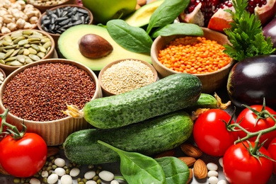 Different vegetables, seeds and fruits, closeup. Healthy diet