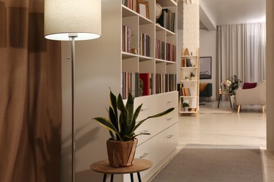 Home library interior with collection of different books on shelves