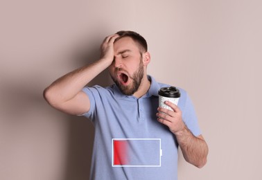 Image of Sleepy man with cup of coffee yawning and illustration of discharged battery on beige background