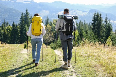 Couple with backpacks and trekking poles walking on hill, back view. Mountain tourism