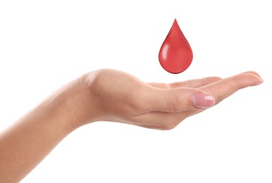 Woman and drop of blood on white background, closeup. Anemia concept