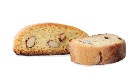 Slices of tasty cantucci on white background. Traditional Italian almond biscuits
