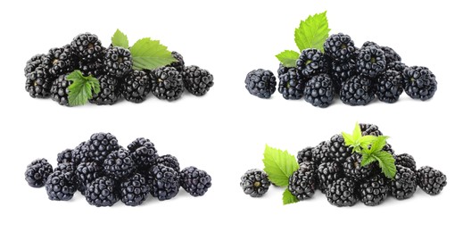 Set with delicious ripe blackberries on white background