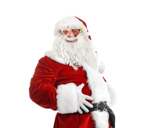 Authentic Santa Claus wearing funky sunglasses on white background