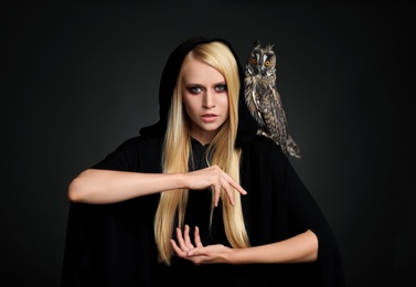 Witch in black mantle with owl on dark background. Scary fantasy character