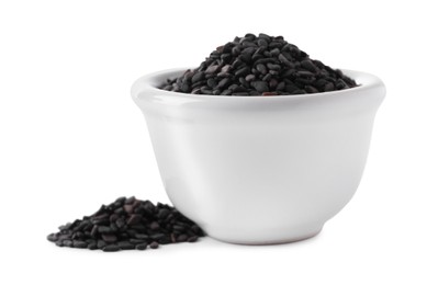 Photo of Raw black sesame seeds with bowl on white background
