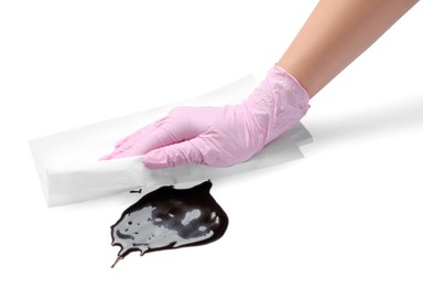 Photo of Woman wiping melted chocolate on white background, closeup