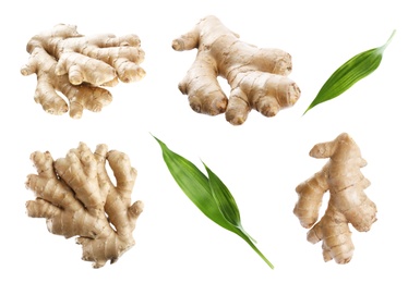 Image of Set of fresh aromatic ginger with green leaves on white background
