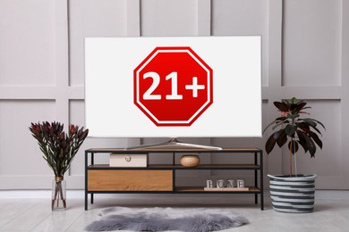 Image of TV screen with age limit sign 18+ years on wooden cabinet with indoors