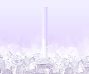 Image of Cryopreservation. Test tube with sperm and ice cubes on light background. Frost effect
