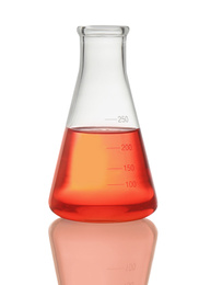 Conical flask with red liquid isolated on white