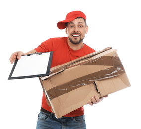 Emotional courier with damaged cardboard box and clipboard on white background. Poor quality delivery service