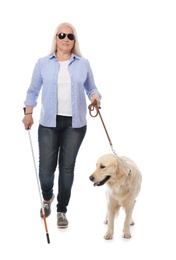 Blind person with long cane and guide dog on white background